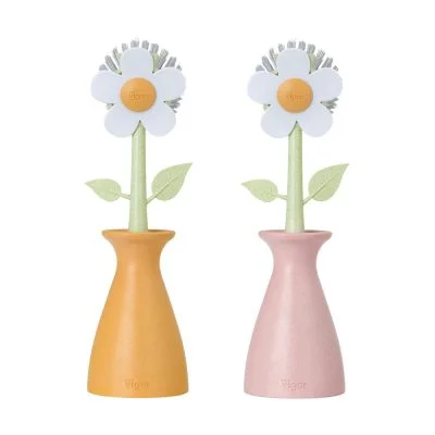 Vigar Florganic Dish Brush with Vase, Eco-Friendly, Daisy-Shaped Dish Brush  and Holder, Pink