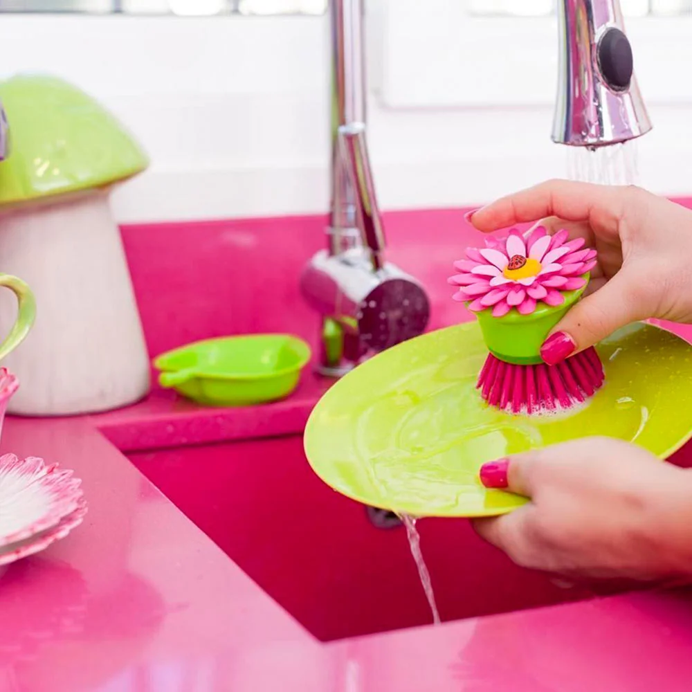 Vigar Flower Power Dish Brush With Holder Pink